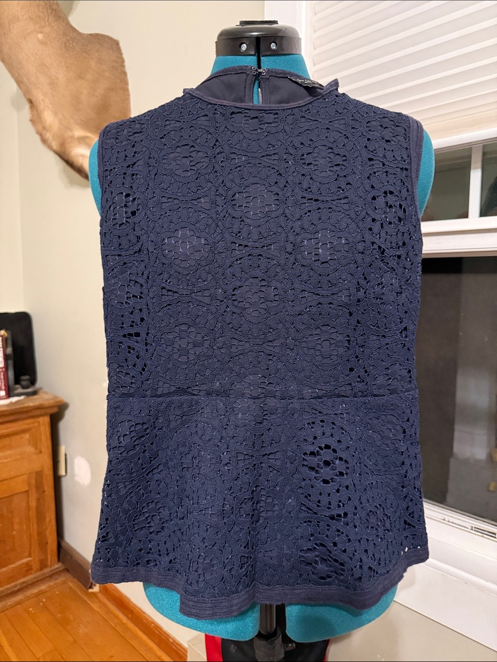 Ann Taylor Factory Navy Crochet Peplum Shell